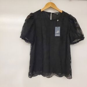 Adrianna Papell Black Lace Ruched Sleeve Top Small